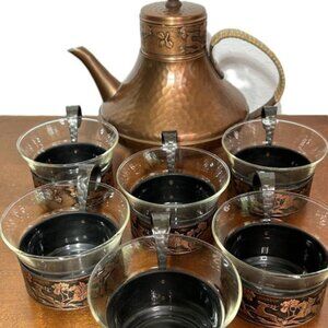 Vintage Schott Mainz Jena Glass Copper Tea Set 6 Cups & Tea Pot Never Used